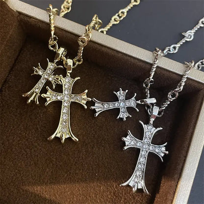 Double Cross Vintage Cross Long Pendant Necklace