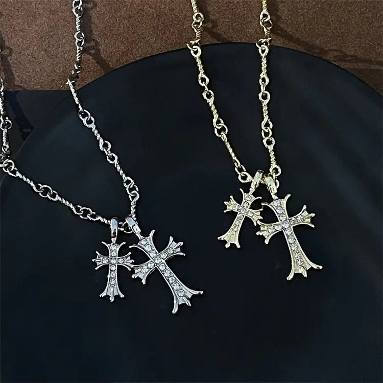 Double Cross Vintage Cross Long Pendant Necklace