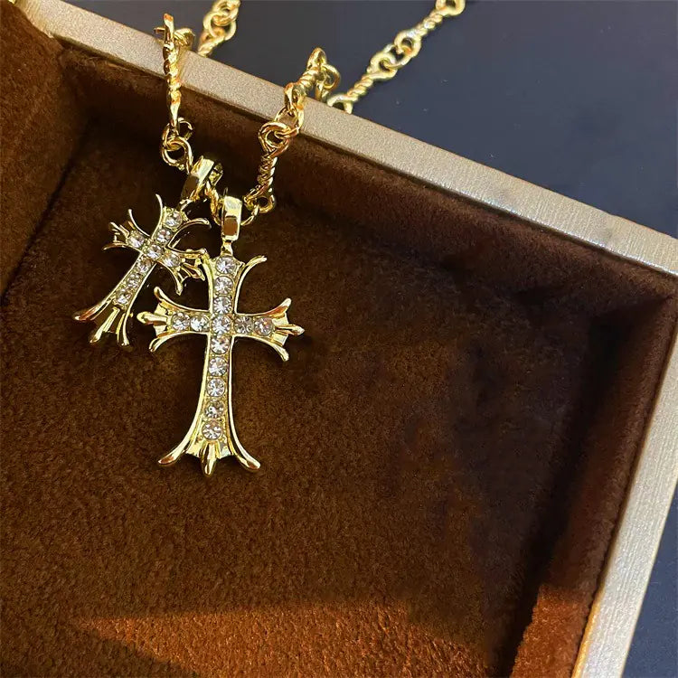 Double Cross Vintage Cross Long Pendant Necklace