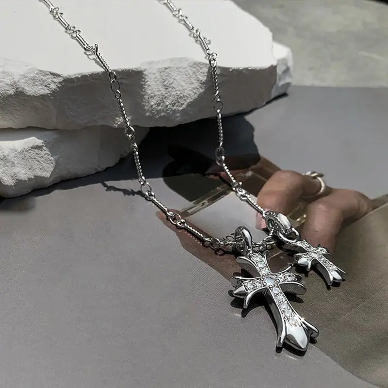 Double Cross Vintage Cross Long Pendant Necklace
